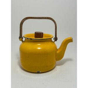 Vintage Yellow Enamel Teapot with Wood Handle Rustic Farmhouse Tea Kettle Retro